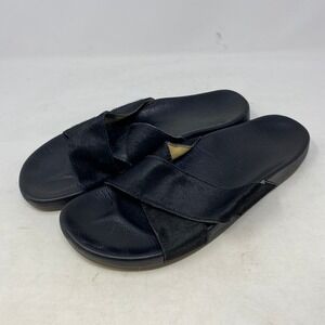 OluKai Kipea Oho W Slide Sandals Black Leather Fur Women's US 9 EUR 39